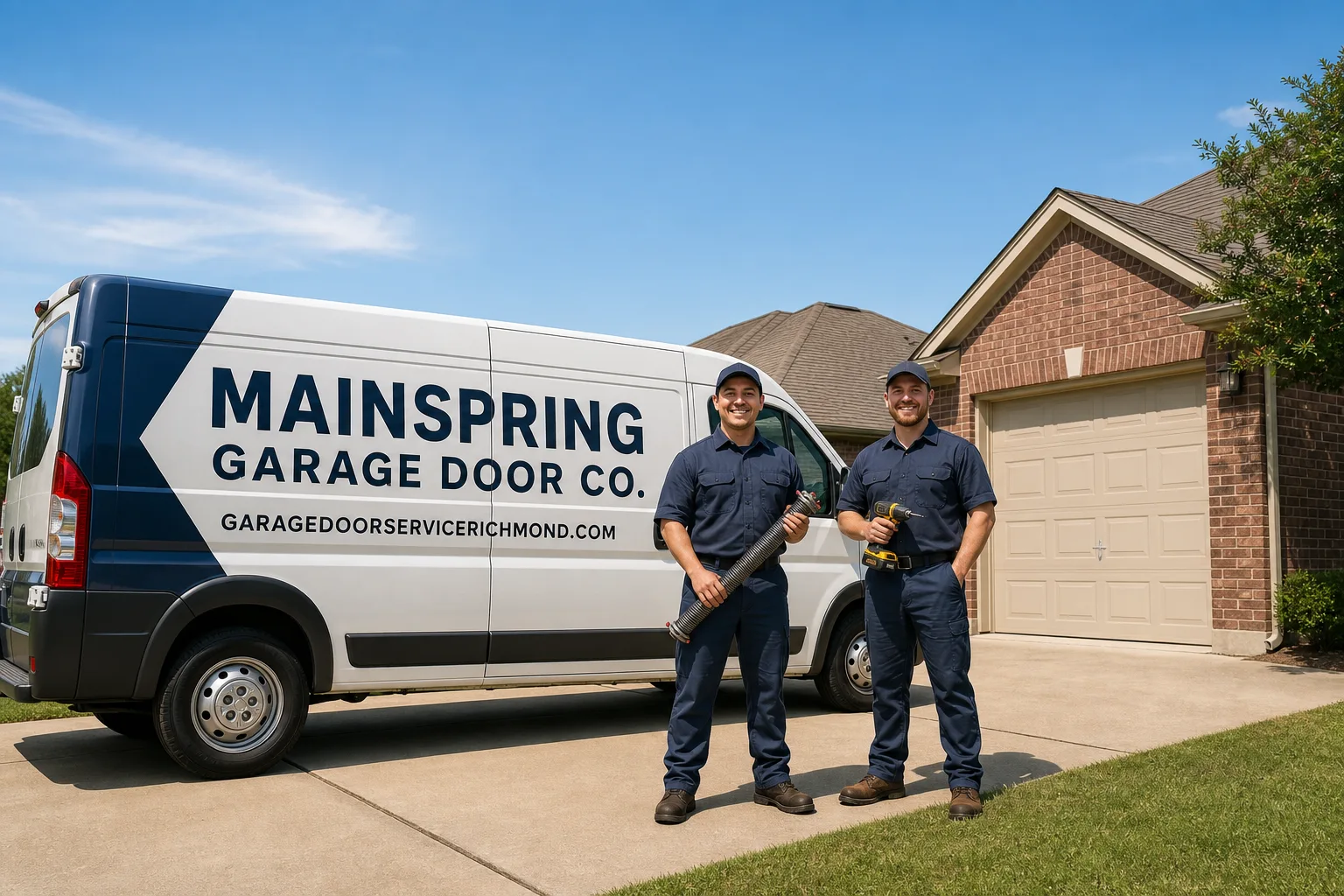 Mainspring Garage Door Co. garage door service vehicle and crew in Richmond, TX